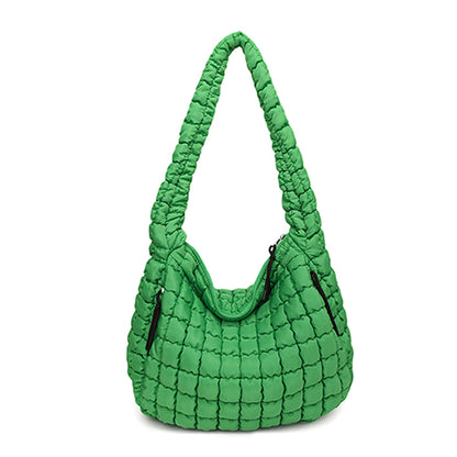 Quilted Puffer Nylon Large Everyday Tote Bag — Functional Spacious Casual Style - Emerald