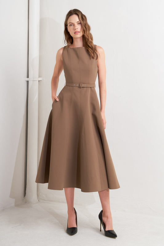 Sleeveless Boat Neck Brown A-Line Midi Dress with Pockets Trendy Midi Dresses Outfit Idea for Women | Ro + Ivy