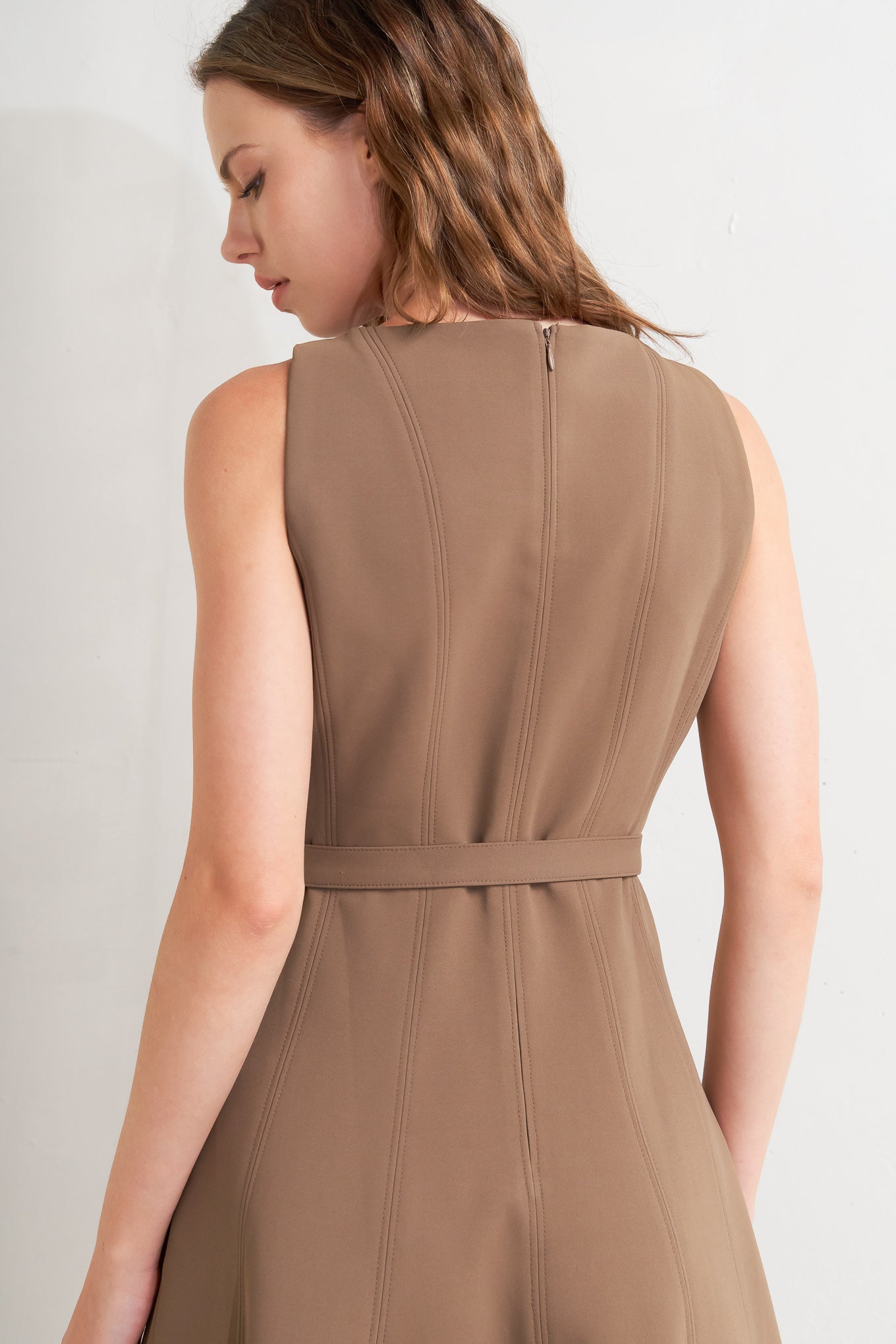 Sleeveless Boat Neck Brown A-Line Midi Dress with Pockets Trendy Midi Dresses Outfit Idea for Women | Ro + Ivy