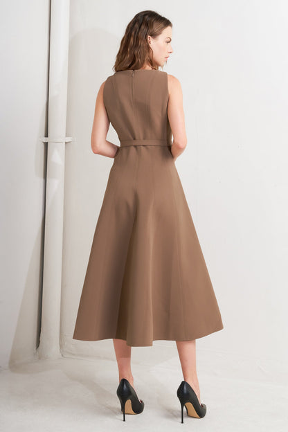 Sleeveless Boat Neck Brown A-Line Midi Dress with Pockets Trendy Midi Dresses Outfit Idea for Women | Ro + Ivy