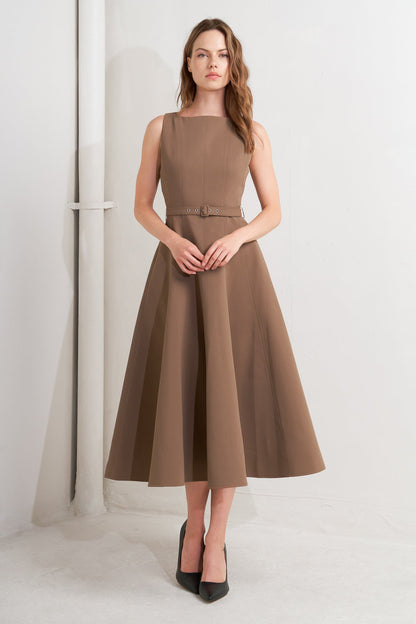 Sleeveless Boat Neck Brown A-Line Midi Dress with Pockets Trendy Midi Dresses Outfit Idea for Women | Ro + Ivy