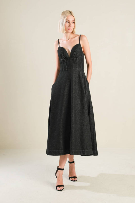 BLACK DENIM Sweetheart Denim Midi Dress with Pockets Trendy Midi Dresses Outfit Idea for Women | Ro + Ivy