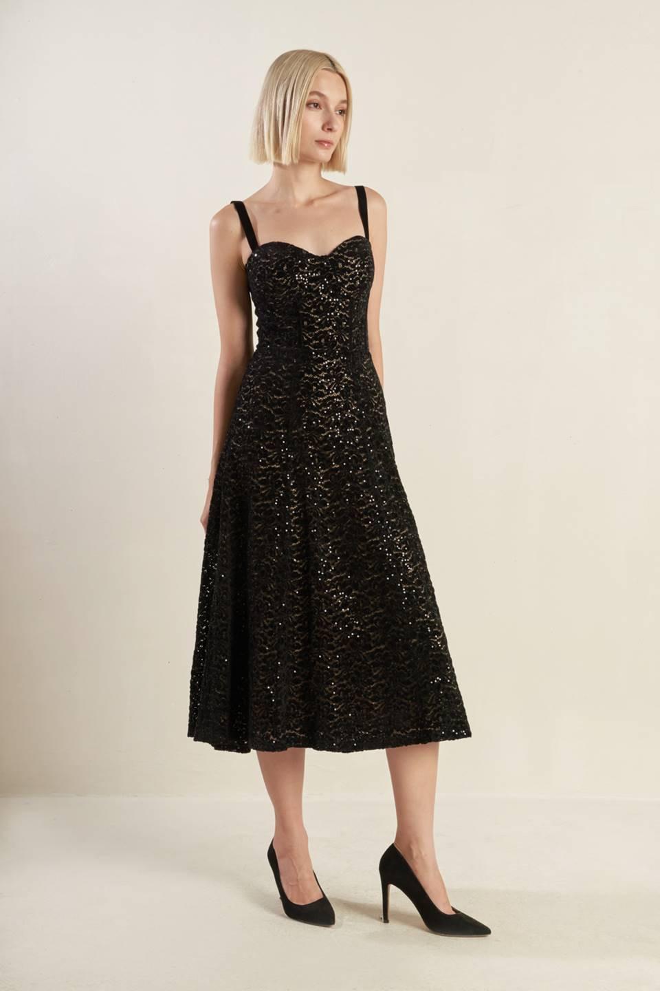 Woven Lace Midi Dress with Sweetheart Neckline and A-Line Skirt