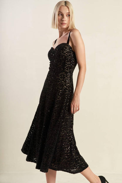 Woven Lace Midi Dress with Sweetheart Neckline and A-Line Skirt BLACK