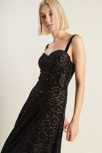 Woven Lace Midi Dress with Sweetheart Neckline and A-Line Skirt