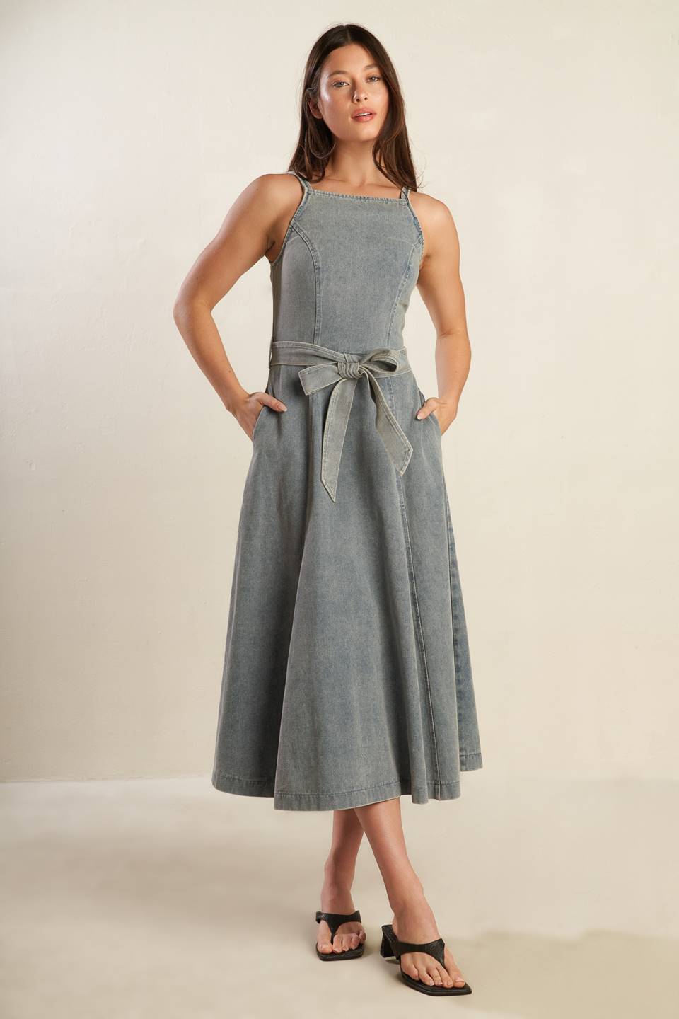 Straight Neck Denim Midi Dress with Sash – outfit idea for women | Ro + Ivy