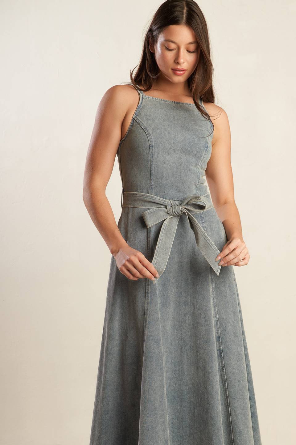 Straight Neck Denim Midi Dress with Sash Trendy Midi Dresses Outfit Idea for Women | Ro + Ivy