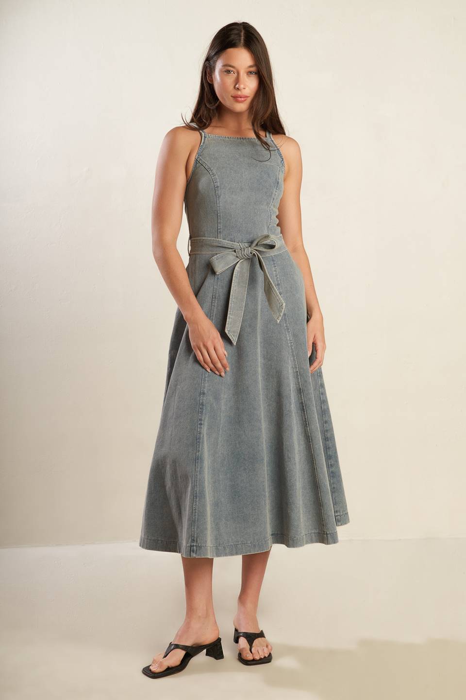 Straight Neck Denim Midi Dress with Sash Trendy Midi Dresses Outfit Idea for Women | Ro + Ivy