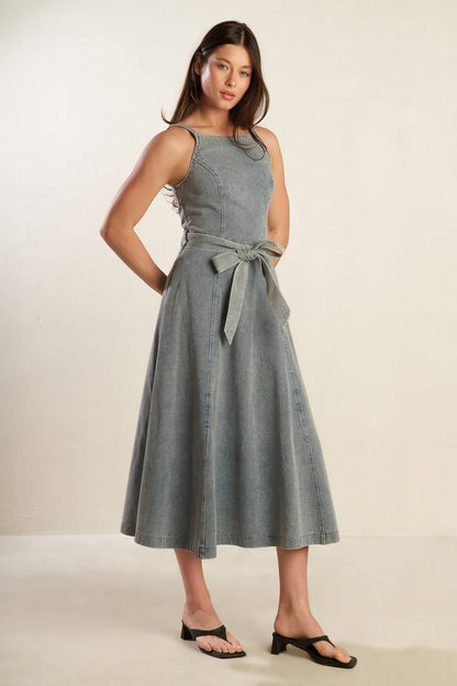 Straight Neck Denim Midi Dress with Sash Trendy Midi Dresses Outfit Idea for Women | Ro + Ivy