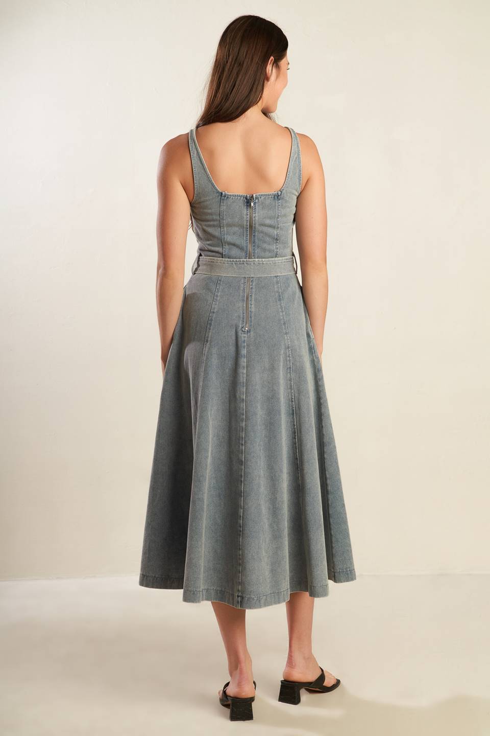 Straight Neck Denim Midi Dress with Sash Trendy Midi Dresses Outfit Idea for Women | Ro + Ivy