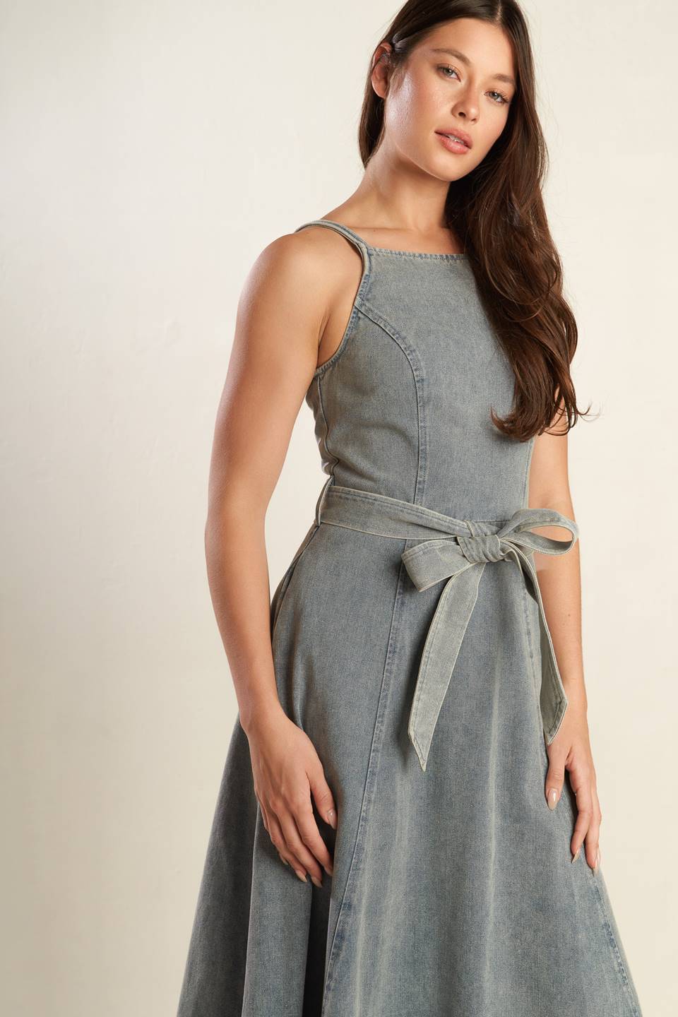 Straight Neck Denim Midi Dress with Sash Trendy Midi Dresses Outfit Idea for Women | Ro + Ivy