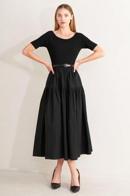 Black Scoop Neck Mixed Media Midi Dress with Short Sleeves