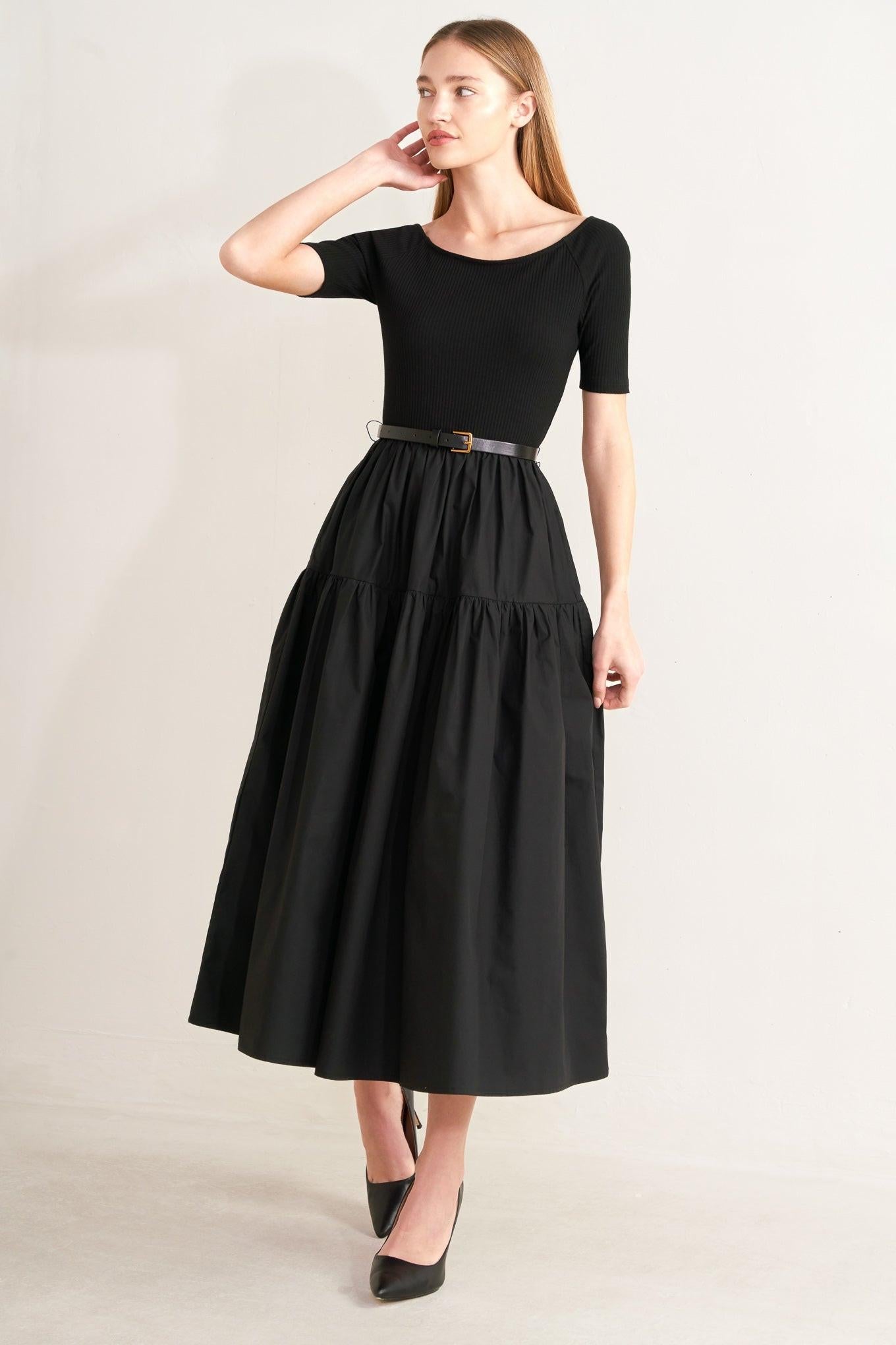 Black Scoop Neck Mixed Media Midi Dress with Short Sleeves