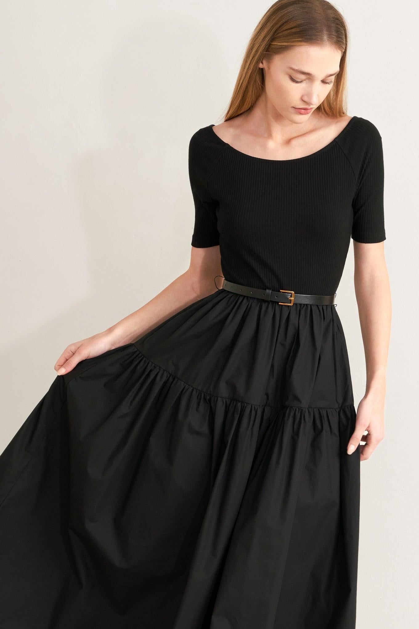 Black Scoop Neck Mixed Media Midi Dress with Short Sleeves