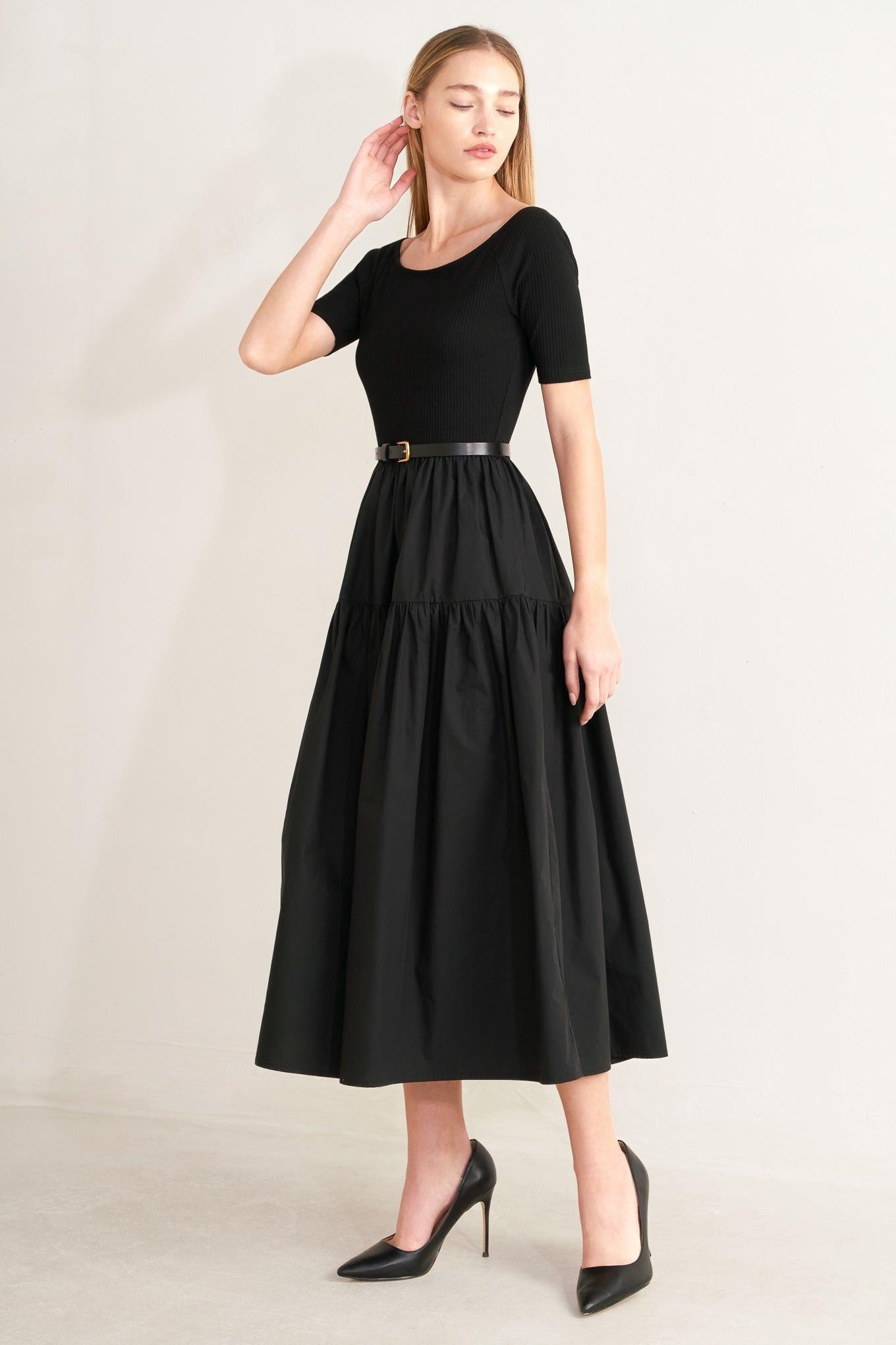 Black Scoop Neck Mixed Media Midi Dress with Short Sleeves