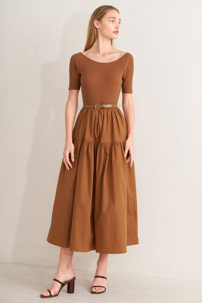Rust Scoop Neck Mixed Media Midi Dress with Short Sleeves