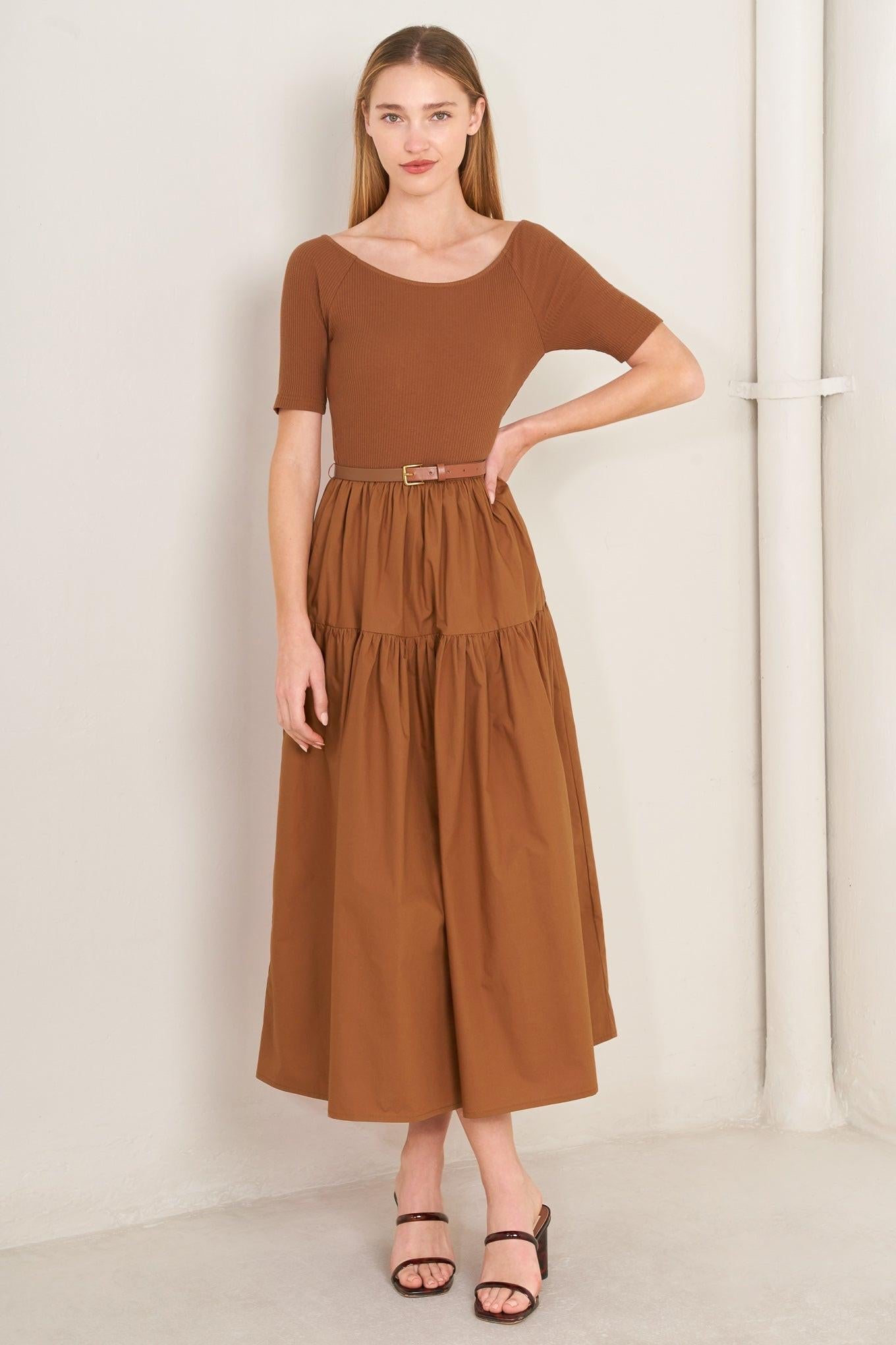 Rust Scoop Neck Mixed Media Midi Dress with Short Sleeves