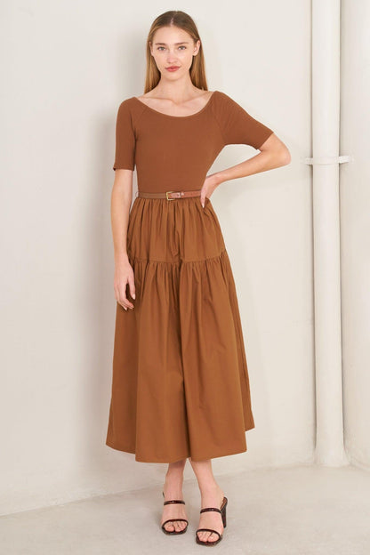 Rust Scoop Neck Mixed Media Midi Dress with Short Sleeves