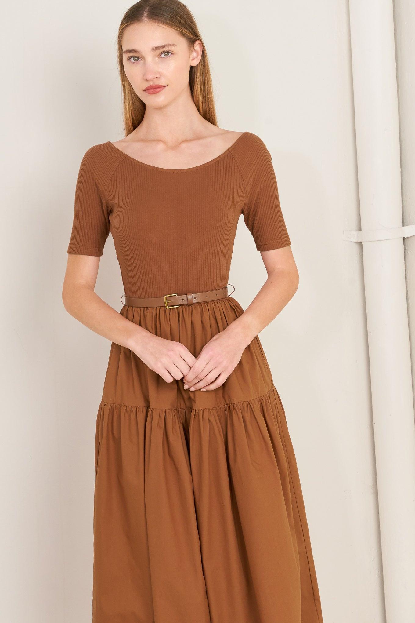 Rust Scoop Neck Mixed Media Midi Dress with Short Sleeves
