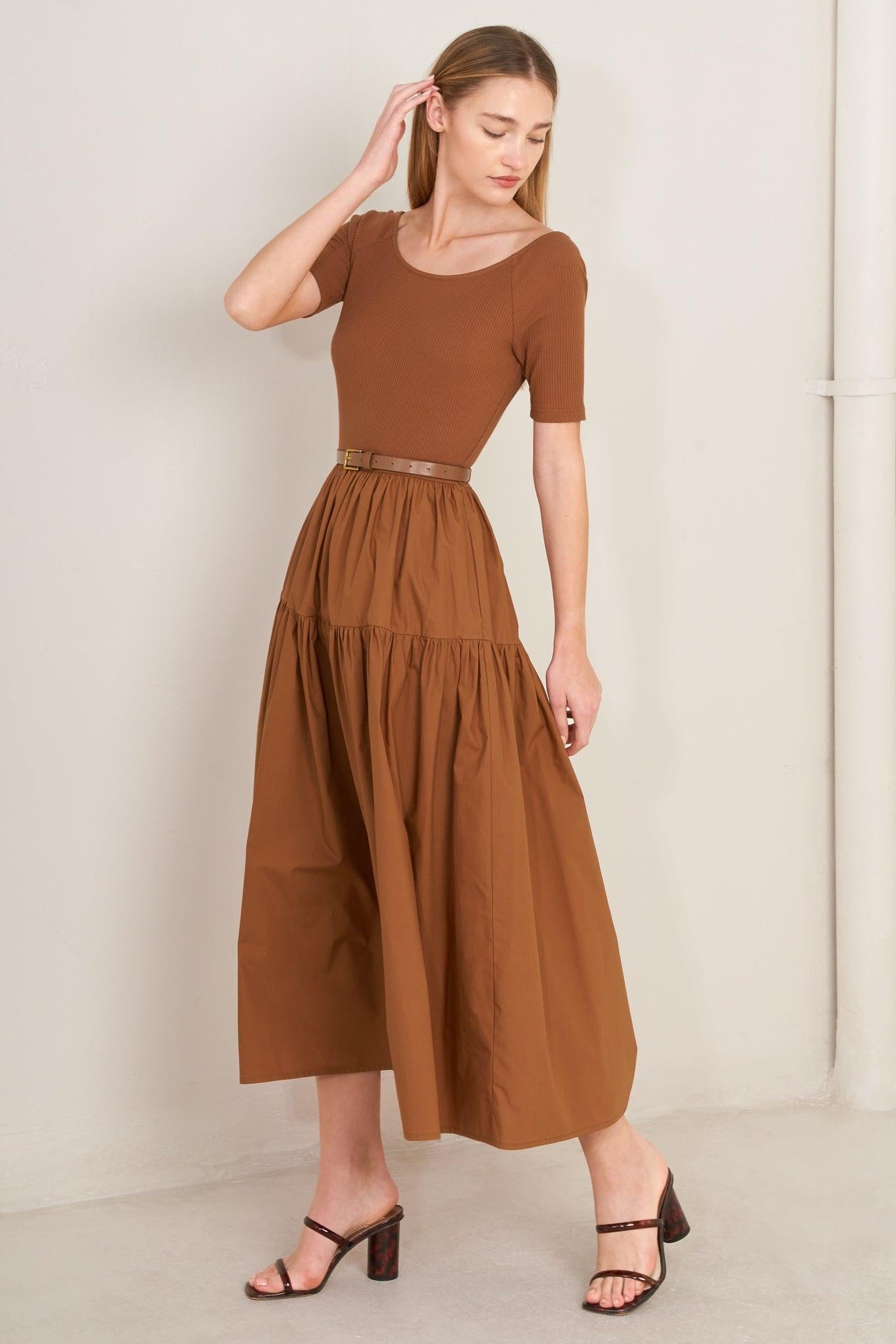 Rust Scoop Neck Mixed Media Midi Dress with Short Sleeves