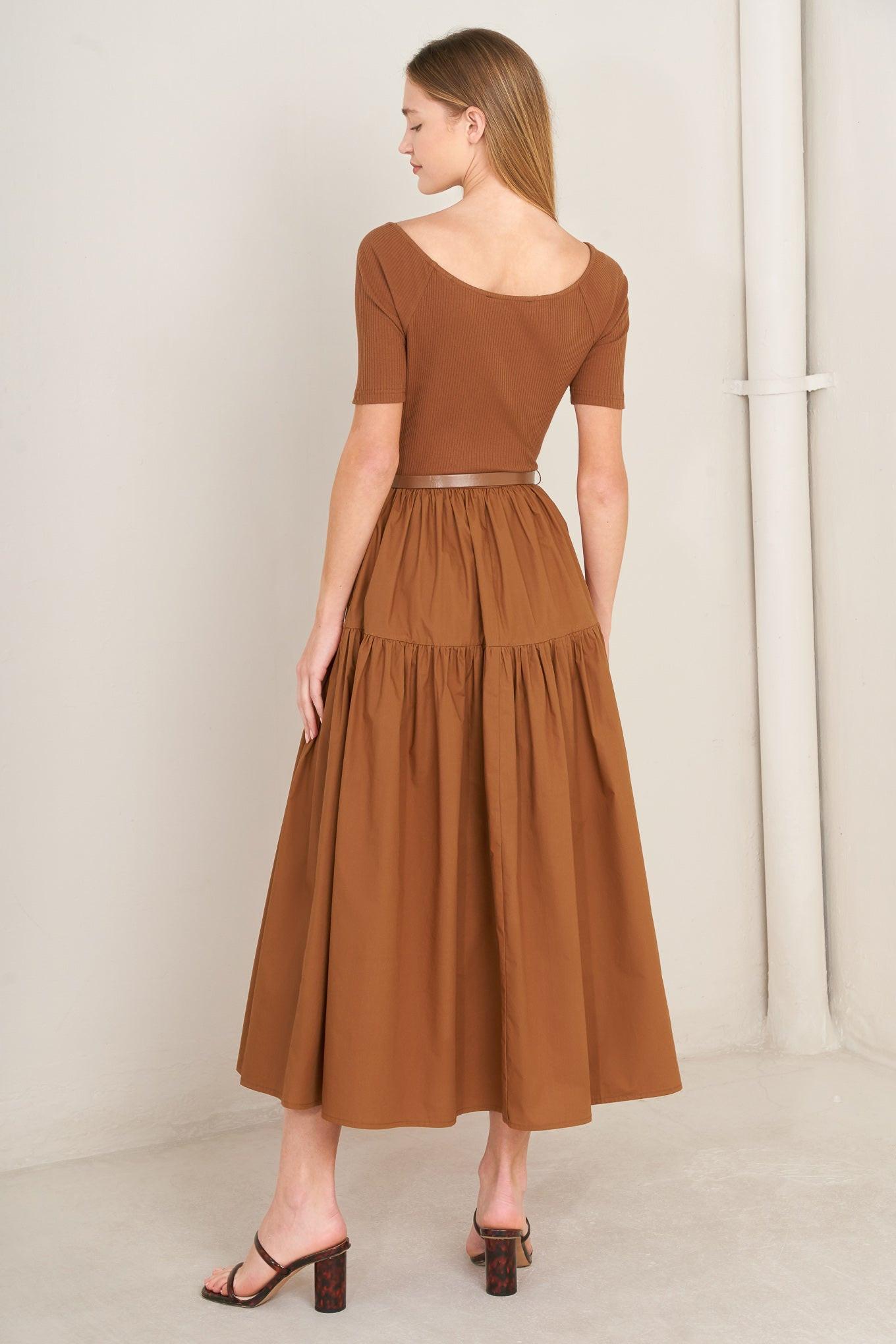 Rust Scoop Neck Mixed Media Midi Dress with Short Sleeves