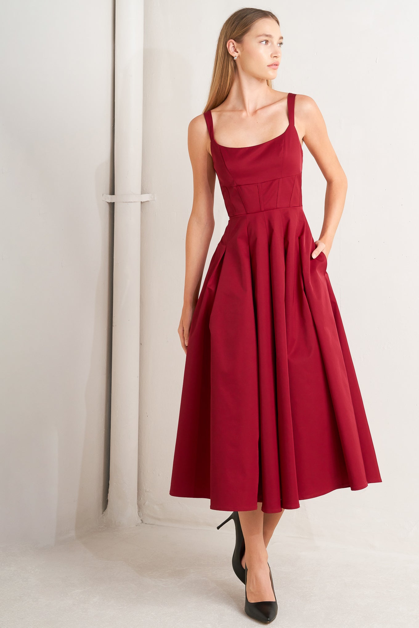Crimson A Line Summer Midi Dress with Pockets | Trendy Midi Dresses Outfit Idea for Women by Ro + Ivy | Elevated Basics, Modern Comfort & Style