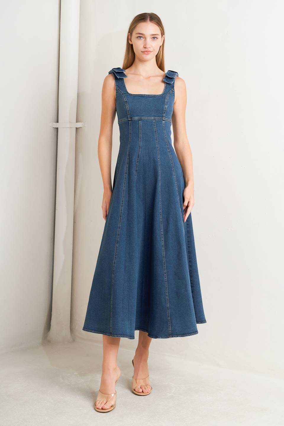 Square Neck Summer Denim Midi Dress | Trendy Midi Dresses Outfit Idea for Women by Ro + Ivy | Elevated Basics, Modern Comfort & Style