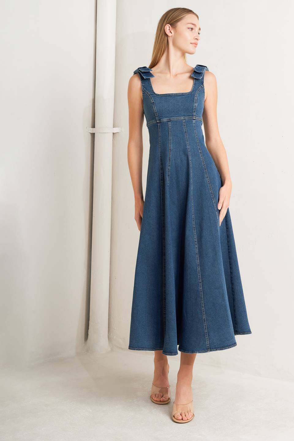 Square Neck Summer Denim Midi Dress | Trendy Midi Dresses Outfit Idea for Women by Ro + Ivy | Elevated Basics, Modern Comfort & Style