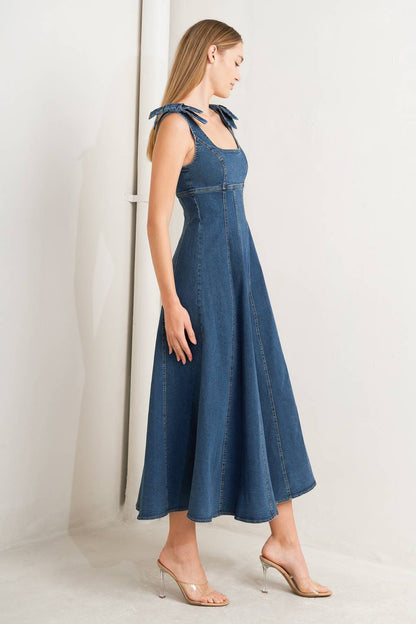 Square Neck Summer Denim Midi Dress | Trendy Midi Dresses Outfit Idea for Women by Ro + Ivy | Elevated Basics, Modern Comfort & Style