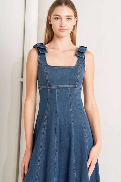 Square Neck Summer Denim Midi Dress | Trendy Midi Dresses Outfit Idea for Women by Ro + Ivy | Elevated Basics, Modern Comfort & Style
