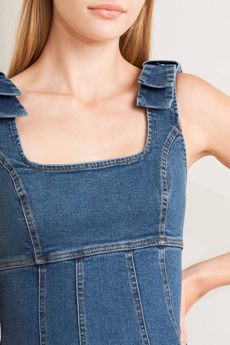 Square Neck Summer Denim Midi Dress | Trendy Midi Dresses Outfit Idea for Women by Ro + Ivy | Elevated Basics, Modern Comfort & Style