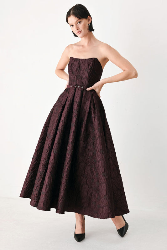 Embossed Burgundy Strapless A-line Midi Dress