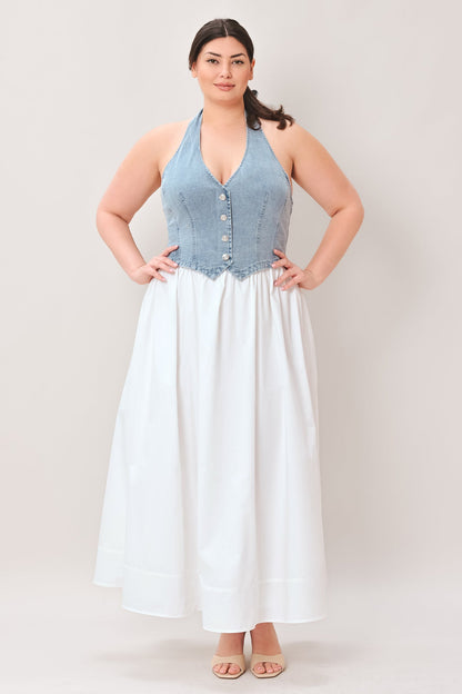 Halter Neck Mixed Media Midi Dress