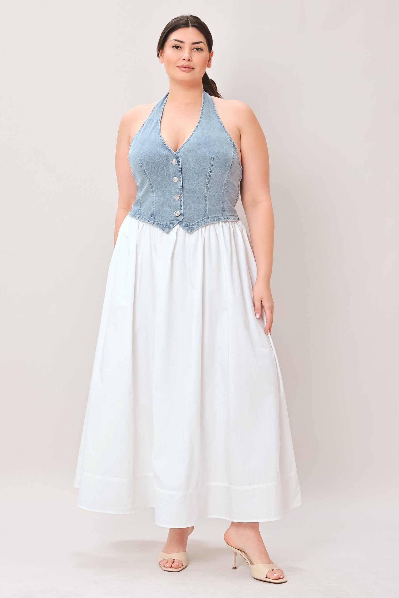 Halter Neck Mixed Media Midi Dress DENIM WHITE