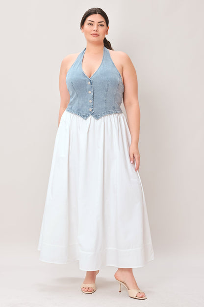 Halter Neck Mixed Media Midi Dress DENIM WHITE