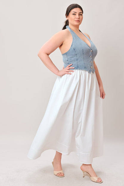 Halter Neck Mixed Media Midi Dress
