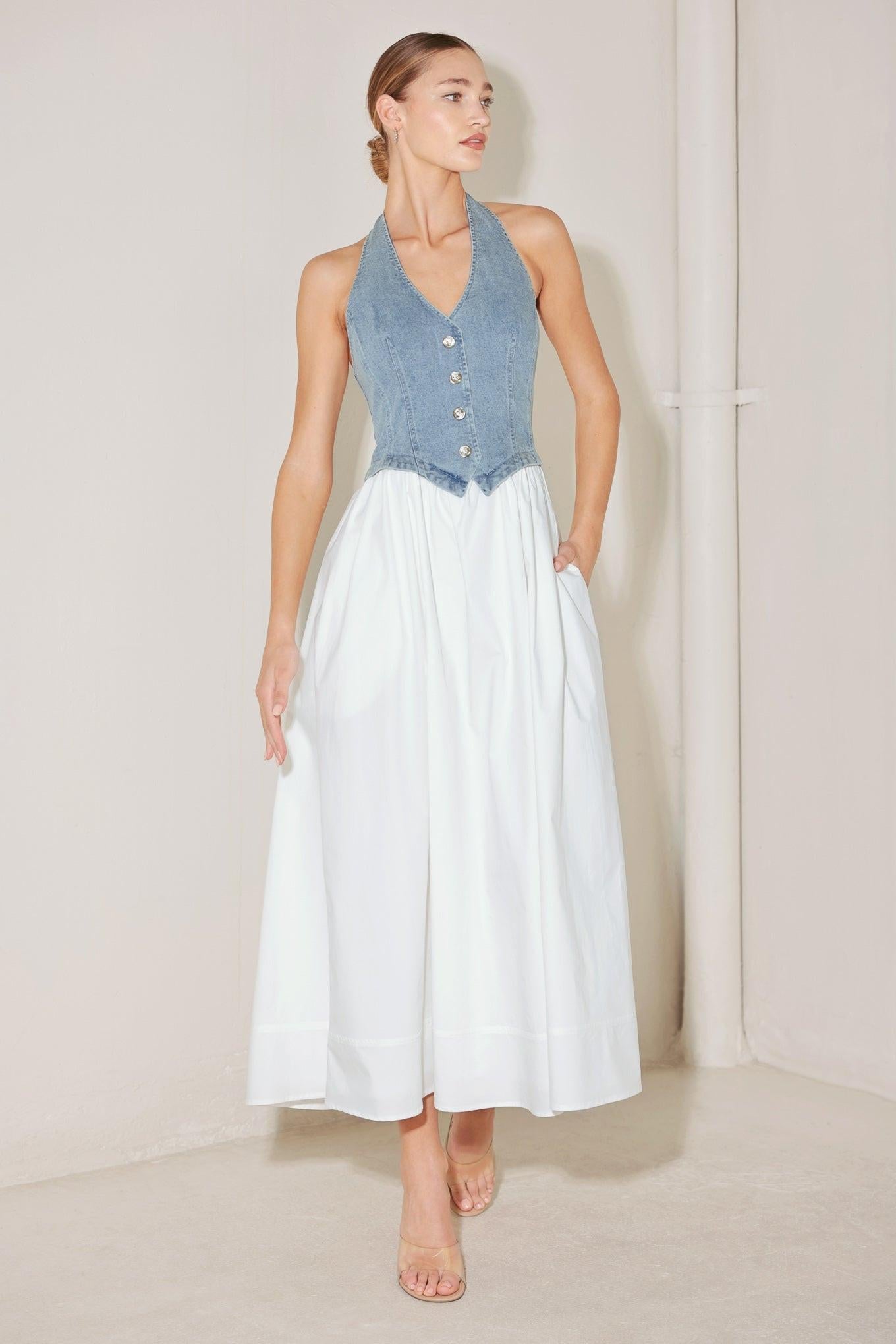 Halter Neck Mixed Media Midi Dress DENIM WHITE