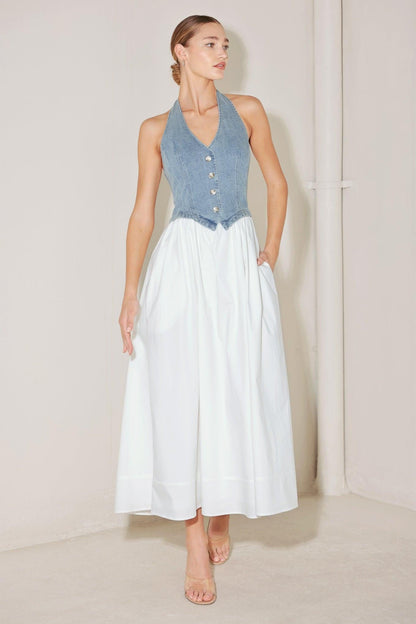Halter Neck Mixed Media Midi Dress DENIM WHITE