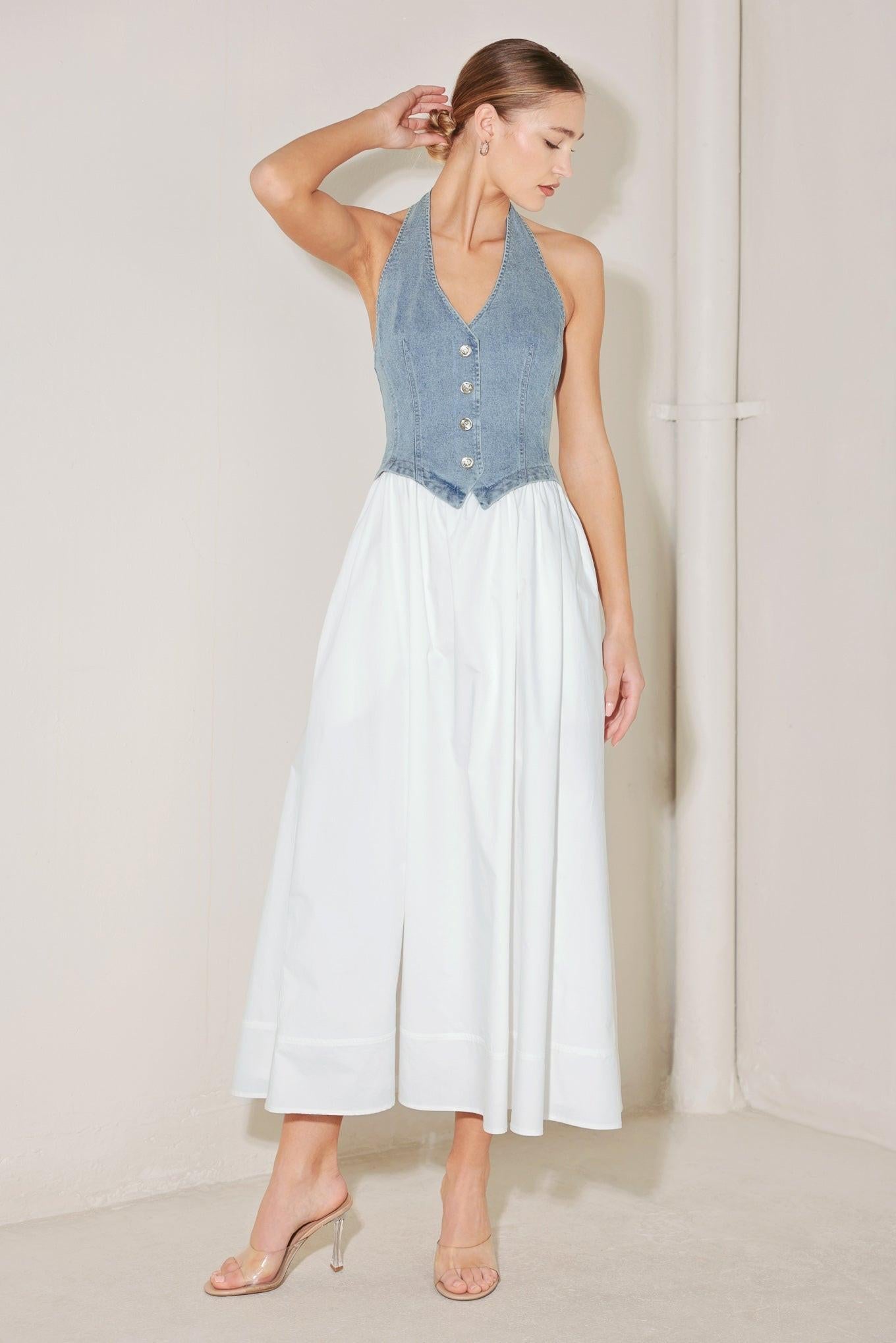 Halter Neck Mixed Media Midi Dress
