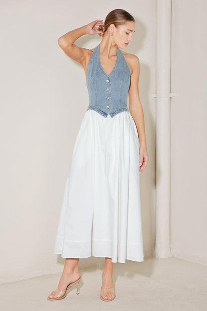 Halter Neck Mixed Media Midi Dress