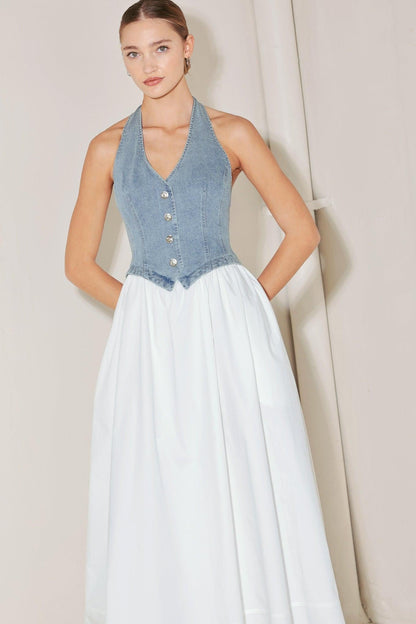 Halter Neck Mixed Media Midi Dress