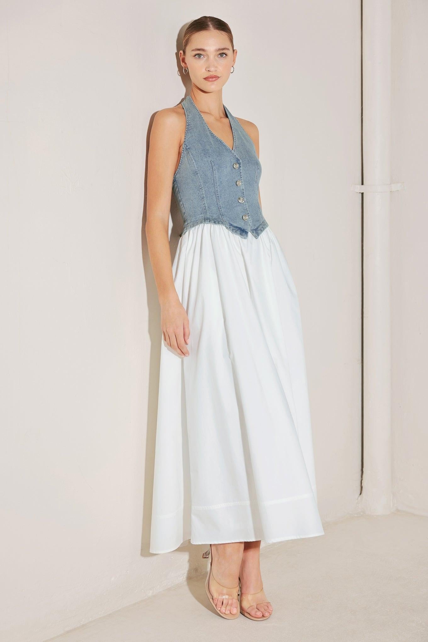Halter Neck Mixed Media Midi Dress