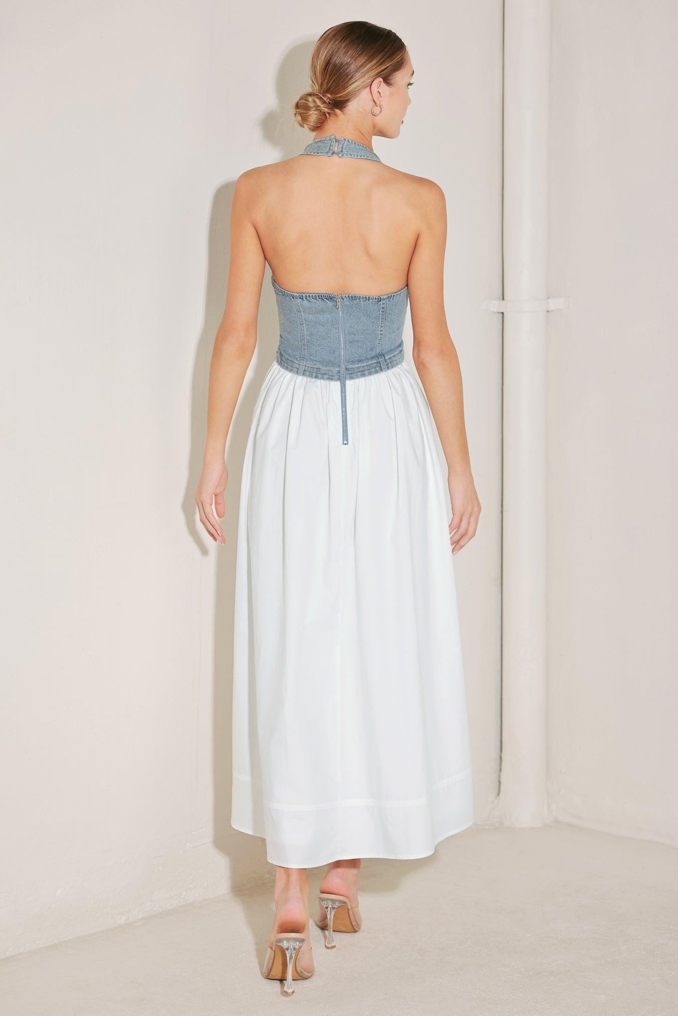 Halter Neck Mixed Media Midi Dress
