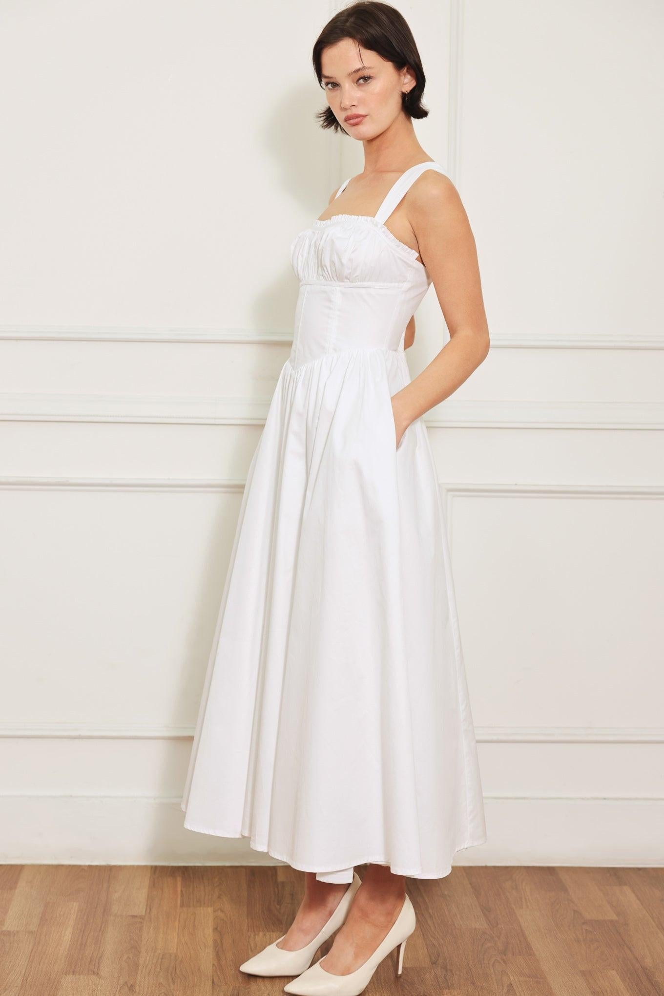 Corset Straight Neck Midi Dress with Pockets