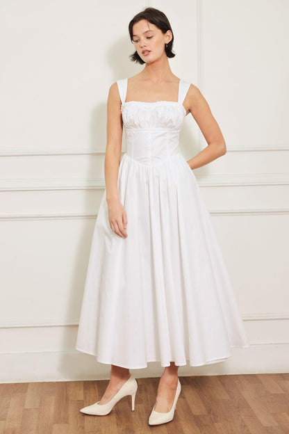 Corset Straight Neck Midi Dress with Pockets