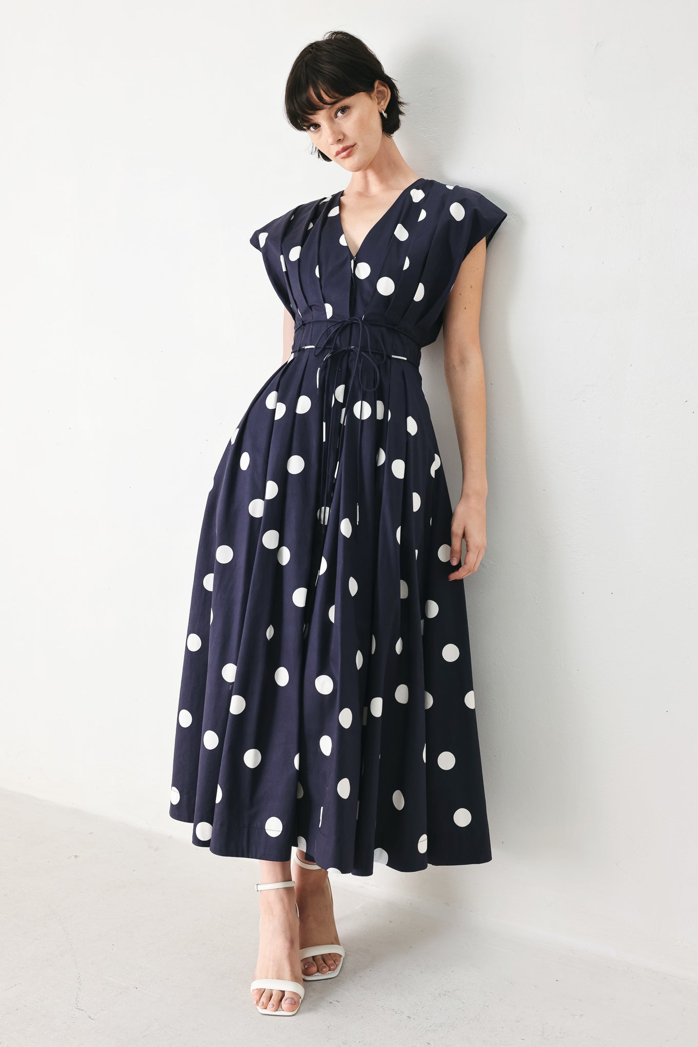 Blue Polka Dot V-Neck Midi Dress