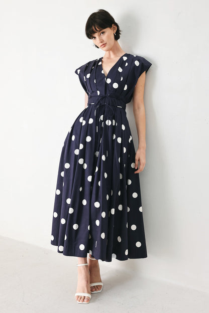 Blue Polka Dot V-Neck Midi Dress