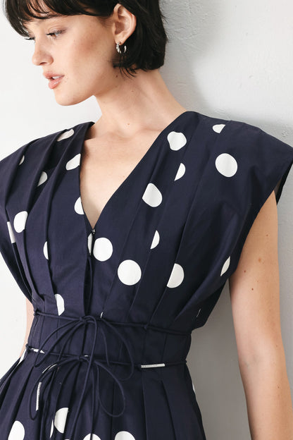 Blue Polka Dot V-Neck Midi Dress