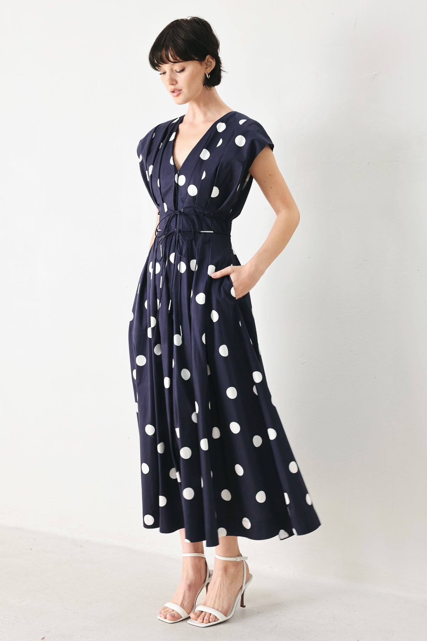 Blue Polka Dot V-Neck Midi Dress