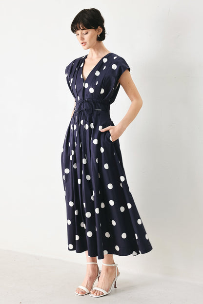 Blue Polka Dot V-Neck Midi Dress